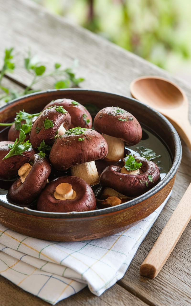 A bowl of savory burgundy mushrooms, simmered in red wine sauce and garnished with fresh parsley.